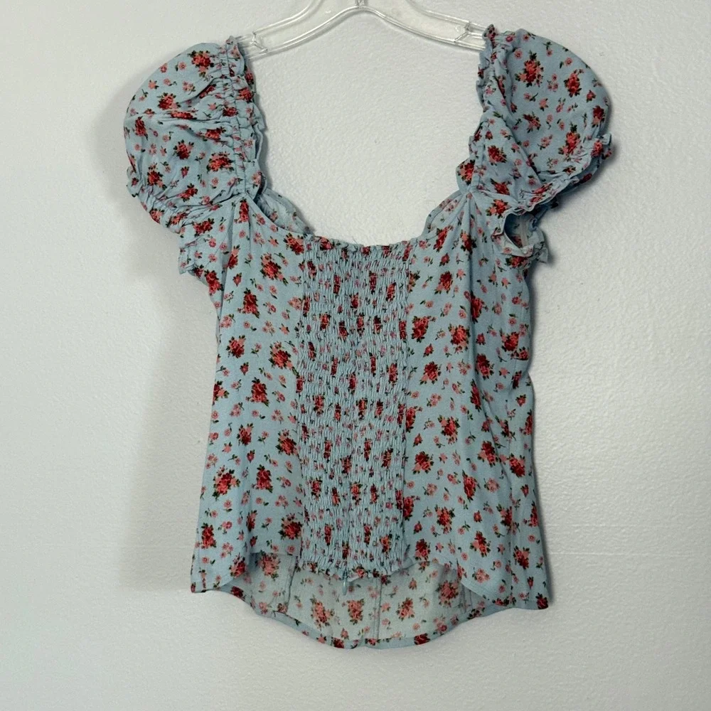Reformation Bev Top in Petunia  Blue Floral Puff Sleeve Smocked Sweetheart - 8